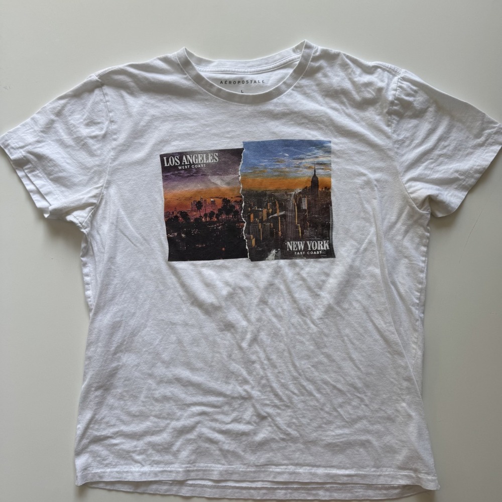 AEROPOSTALE Los Angeles New York Graphic Tee Shirt Mens Large White LA NY City